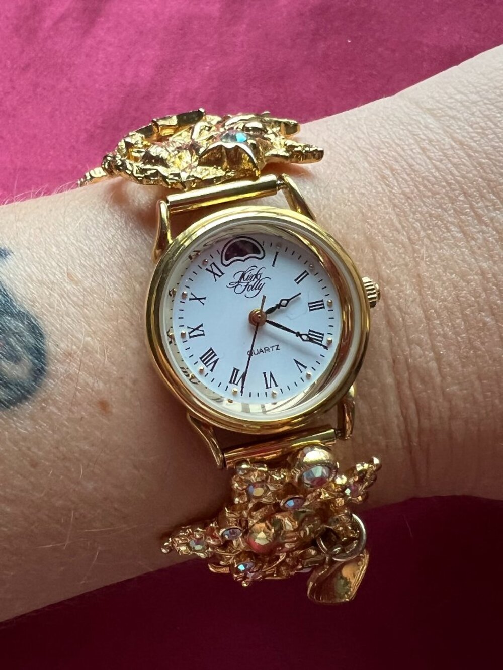 Kirks Folly Women’s Quartz Wristwatch Gold Bracelet White Roman Dial Celestial